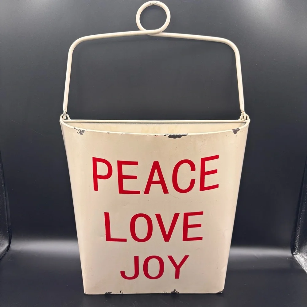 Kirklands Wall Door Bucket Metal‎ Peace Love Joy Christmas Holiday White Red